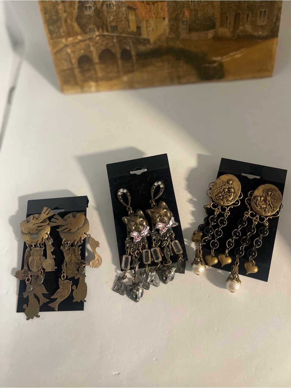 Vintage-Inspired Gold Tone Dangle Earrings Trio - Floral & Animal Motifs